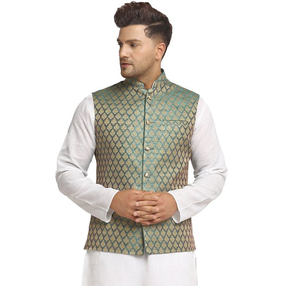Sleeveless Traditional Brocade Silk Sapphire Blue Nehru Jacket by Treemoda - Picture 1 of 5